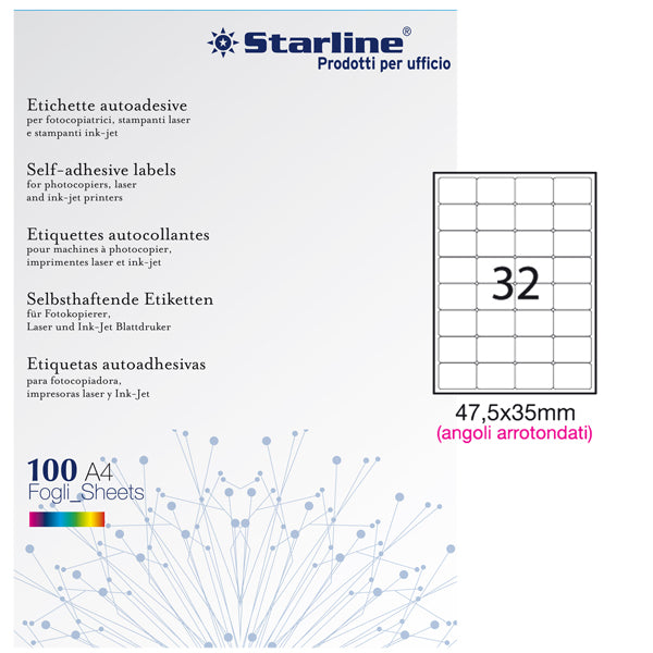 Etichette adesive - in carta - angoli arrotondati - permanenti - 47,5 x 35 mm - 32 et/fg - 100 fogli - bianco - Starline