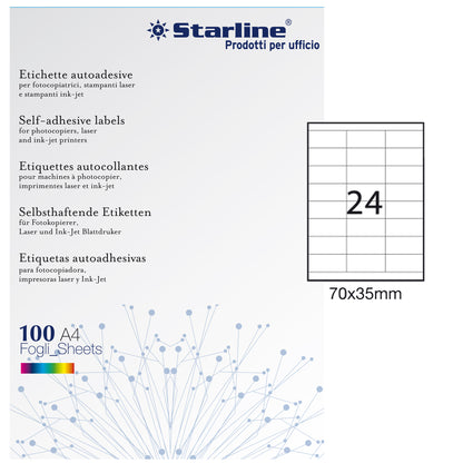 Etichette adesive - in carta - permanenti - 70 x 35 mm - 24 et/fg - 100 fogli - bianco - Starline